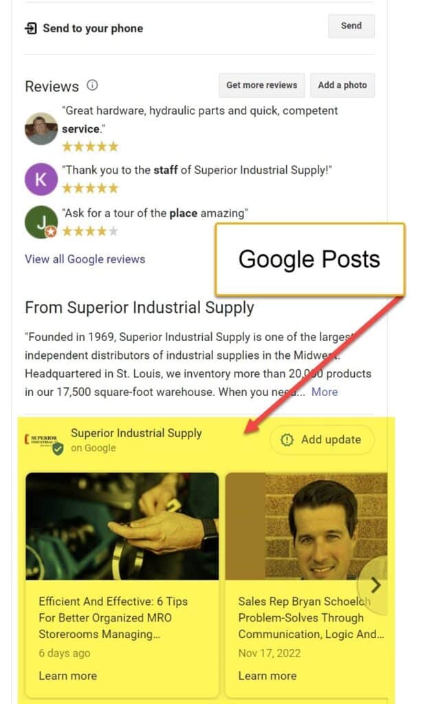 Google Business Profile Post showing on a search results page on Desktop.