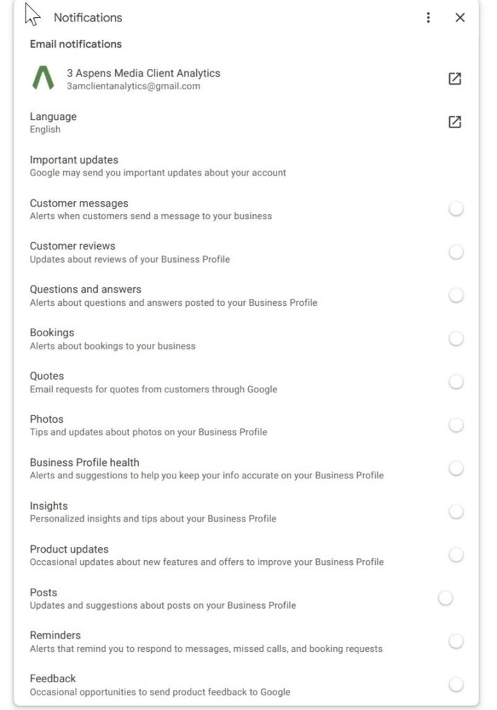 Google Business Profile – email notifications