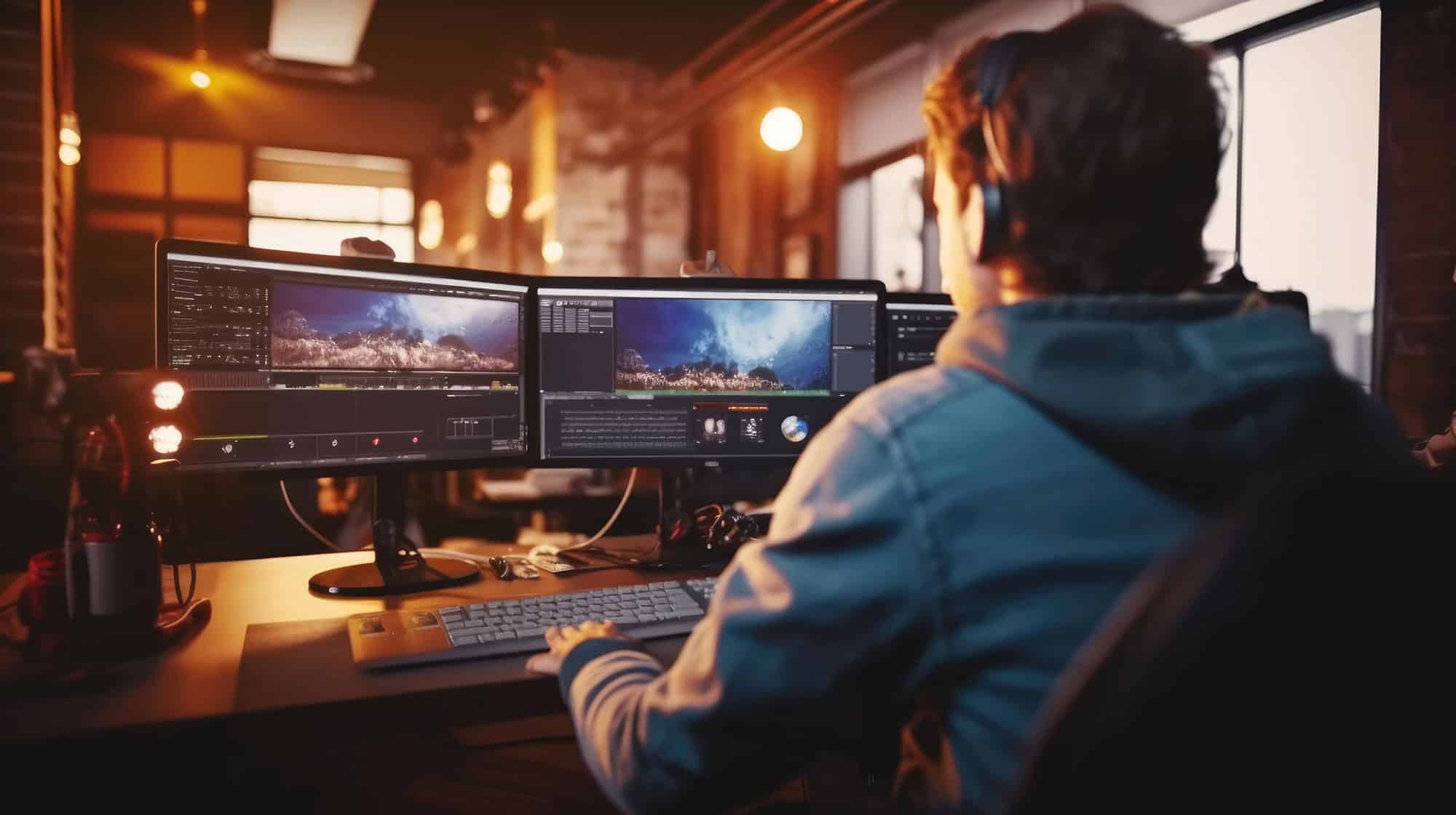 person editing video on computer