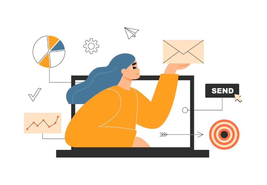 A person is portrayed as emerging from a screen with an envelope in their hand, and they are surrounded by multiple icons to represent various methods of distributing information to reach certain goals.